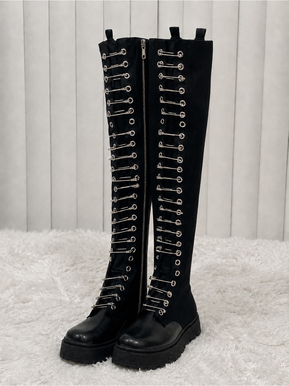 CURRENT MOOD Safety Pin Over-the-Knee Combat Boots Fabric Faux Leather Black 8